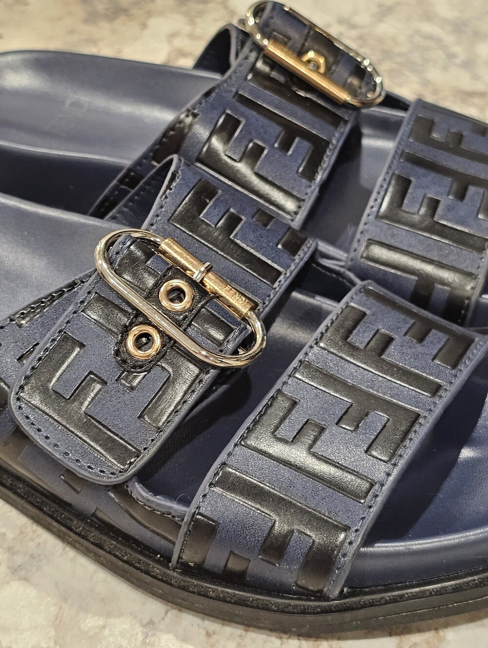 Fendi Navy and Black FF Logo Slide Sandals with Gold/Silver Buckles - Picture 4 of 9